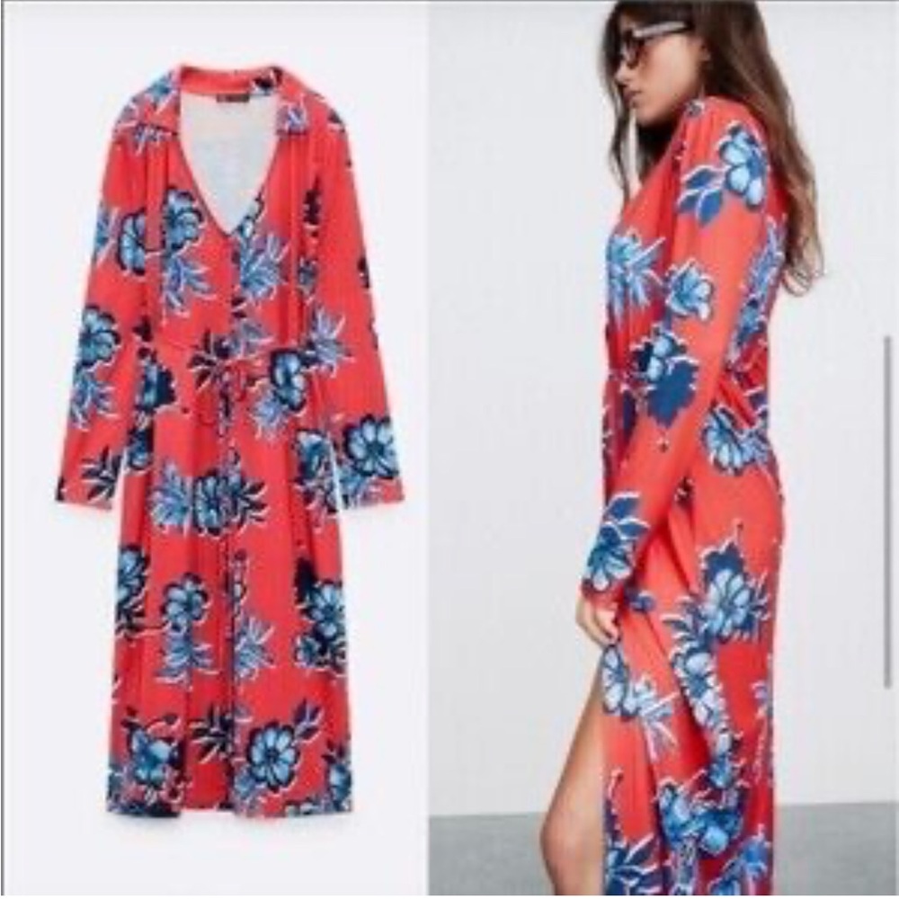 C27 Zara Dress Women Red Floral Midi Stretch‎ Button Front Belted Blogger
